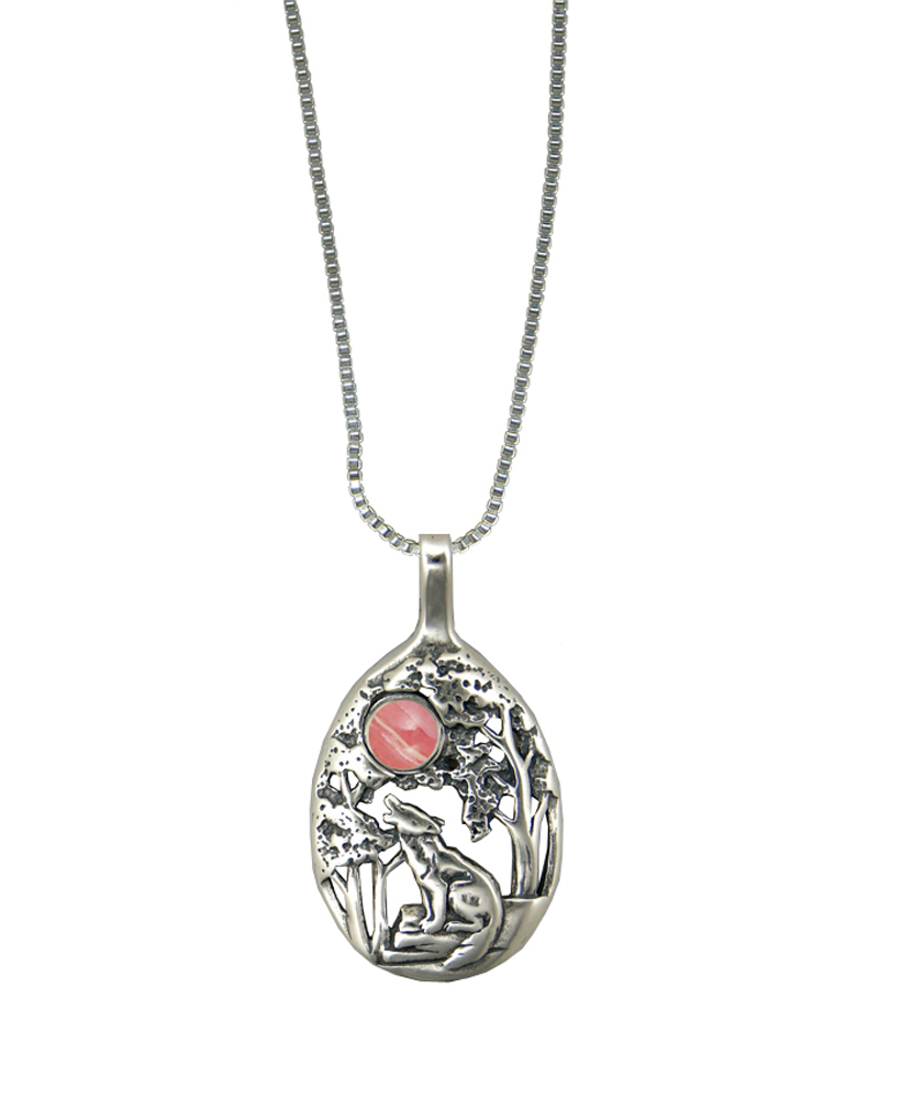 Sterling Silver Howling Wolf Pendant With Rhodocrosite